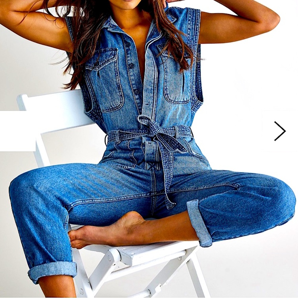 Sydney Med-Wash Denim Sleeveless Jumpsuit Coverall